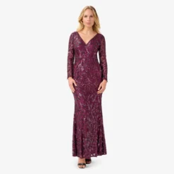 Adrianna Papell Stretch Sequin Gown In Cassis