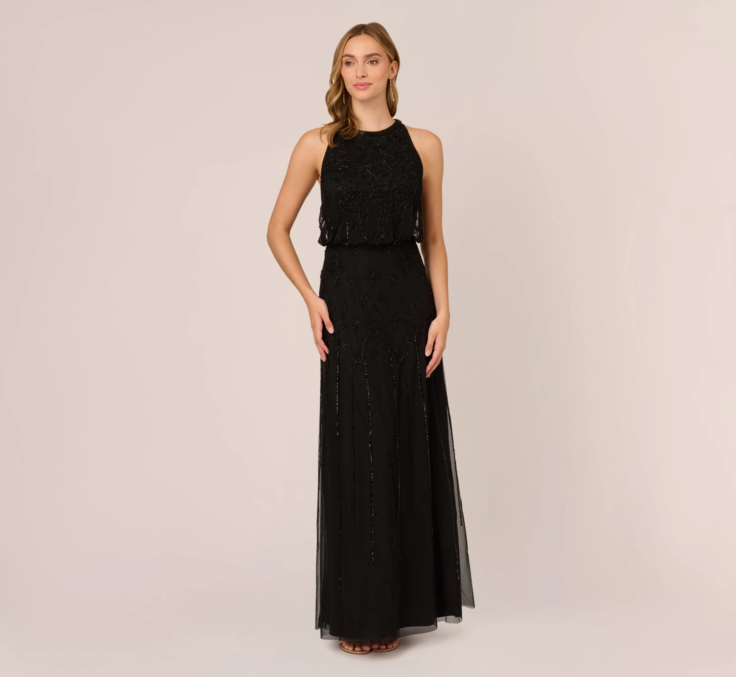 Adrianna Papell Halter Hand-Beaded Blouson Gown With Keyhole Back In Black 1 Adrianna Papell Halter Hand-Beaded Blouson Gown With Keyhole Back In Black