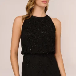 Adrianna Papell Halter Hand-Beaded Blouson Gown With Keyhole Back In Black 9 Adrianna Papell Halter Hand-Beaded Blouson Gown With Keyhole Back In Black -Glam Mirth Sales AP1E209115 AA002 Regular Detail