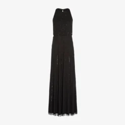 Adrianna Papell Halter Hand-Beaded Blouson Gown With Keyhole Back In Black 13 Adrianna Papell Halter Hand-Beaded Blouson Gown With Keyhole Back In Black -Glam Mirth Sales AP1E209115 AA002 Regular Flat