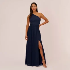 Adrianna Papell One-Shoulder Chiffon Long Gown In Midnight