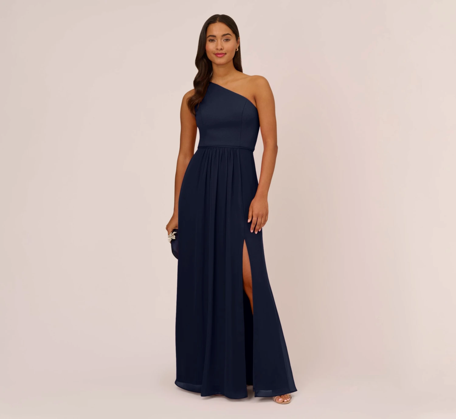 Adrianna Papell One-Shoulder Chiffon Long Gown In Midnight 2 Adrianna Papell One-Shoulder Chiffon Long Gown In Midnight - Image 2