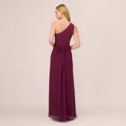 Adrianna Papell One-Shoulder Chiffon Long Gown In Cassis 9 Adrianna Papell One-Shoulder Chiffon Long Gown In Cassis -Glam Mirth Sales AP1E209149 AC507 Regular Back