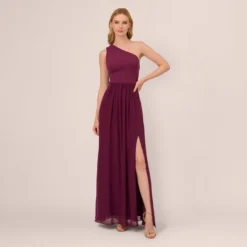 Adrianna Papell One-Shoulder Chiffon Long Gown In Cassis