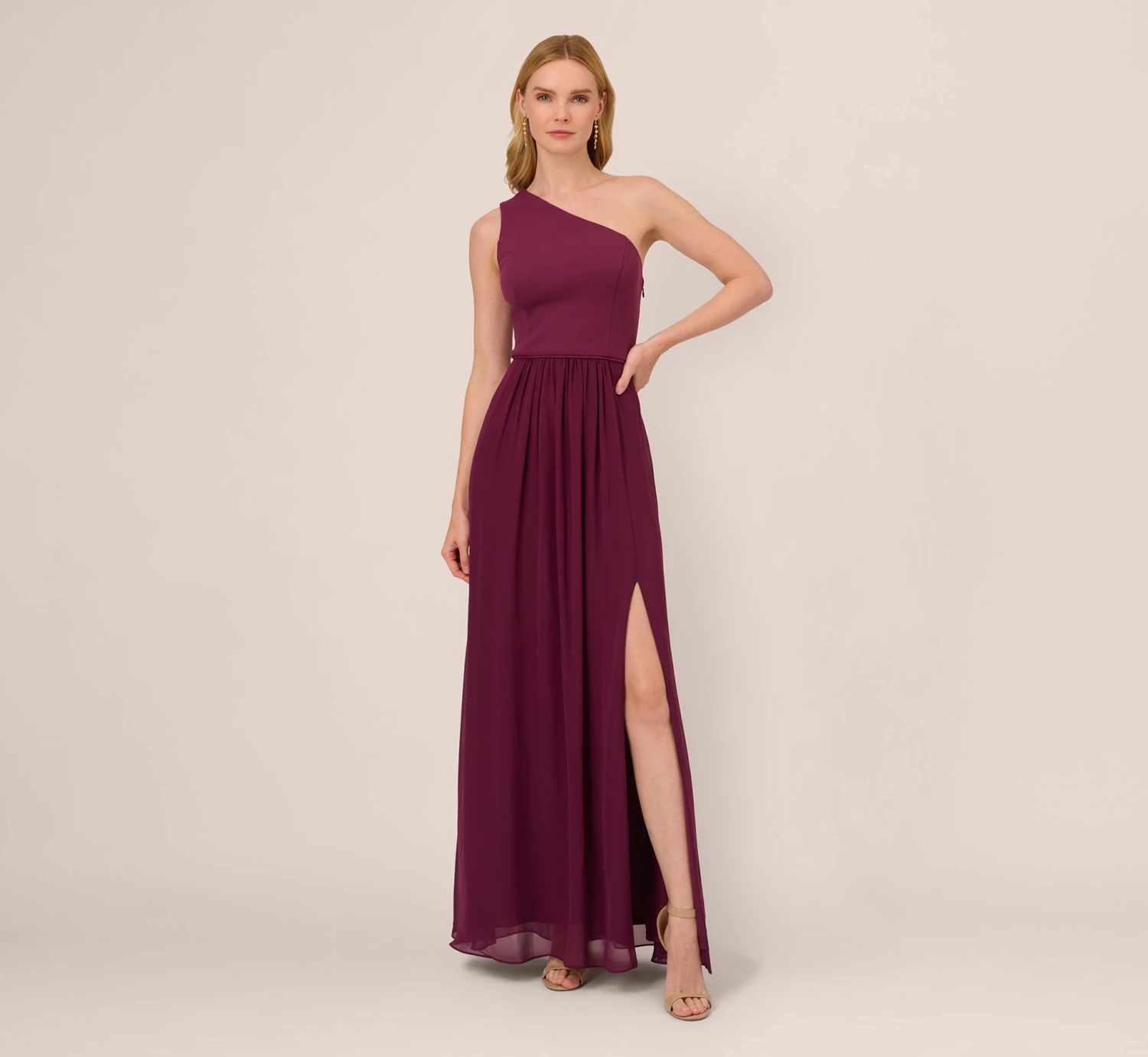 Adrianna Papell One-Shoulder Chiffon Long Gown In Cassis 1 Adrianna Papell One-Shoulder Chiffon Long Gown In Cassis