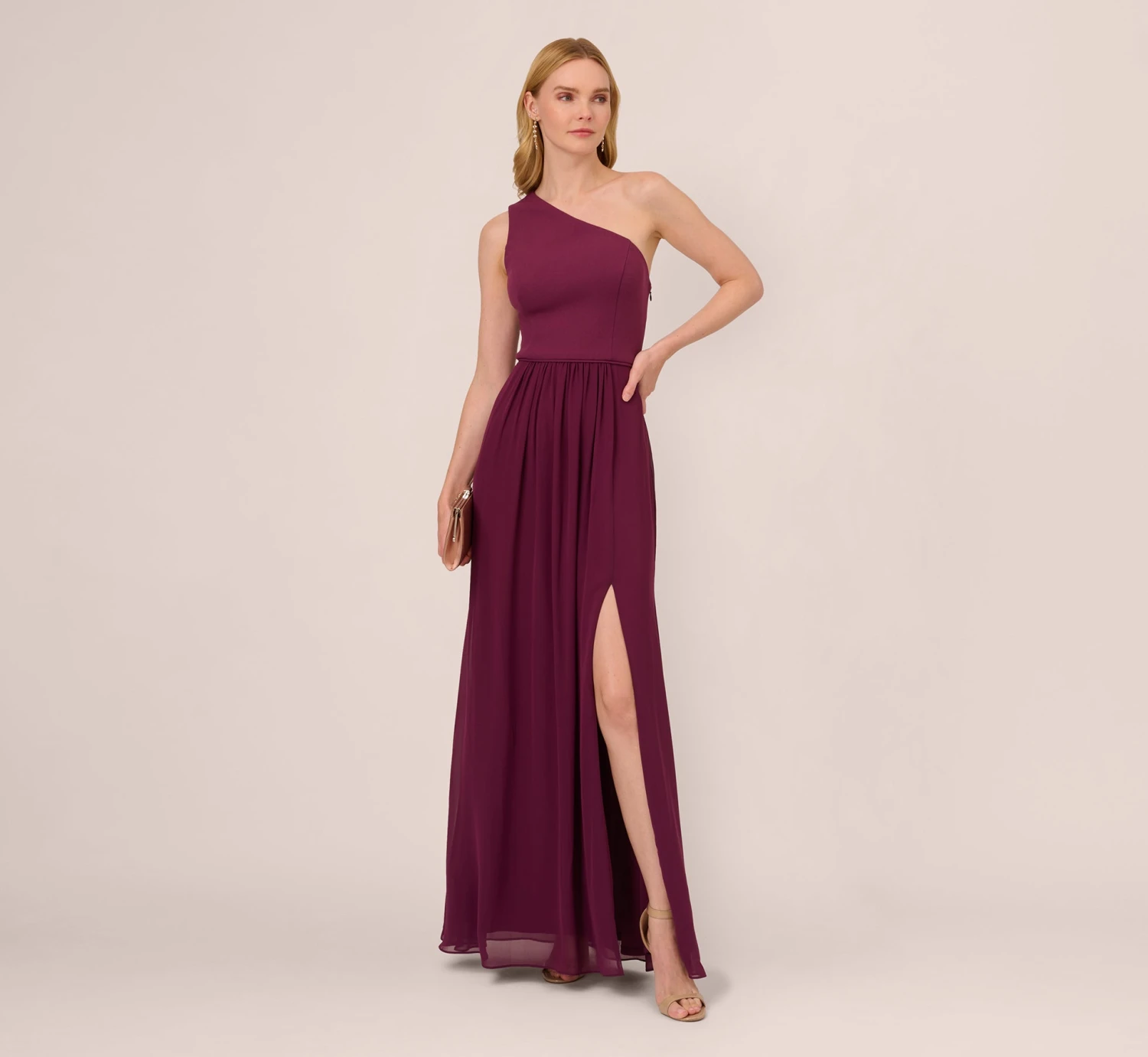 Adrianna Papell One-Shoulder Chiffon Long Gown In Cassis 2 Adrianna Papell One-Shoulder Chiffon Long Gown In Cassis - Image 2