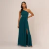 Adrianna Papell One-Shoulder Chiffon Long Gown In Hunter