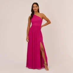Adrianna Papell One-Shoulder Chiffon Long Gown In Bright Magenta