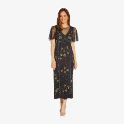 Adrianna Papell Flutter Sleeve Ankle-Length Column Gown In Black Gold
