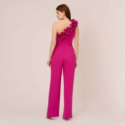 Adrianna Papell Crepe One-Shoulder Ruffled Wide-Leg Jumpsuit In Brilliant Fuchsia 10 Adrianna Papell Crepe One-Shoulder Ruffled Wide-Leg Jumpsuit In Brilliant Fuchsia -Glam Mirth Sales AP1E209165 AW670 Regular Back