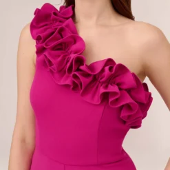 Adrianna Papell Crepe One-Shoulder Ruffled Wide-Leg Jumpsuit In Brilliant Fuchsia 11 Adrianna Papell Crepe One-Shoulder Ruffled Wide-Leg Jumpsuit In Brilliant Fuchsia -Glam Mirth Sales AP1E209165 AW670 Regular Detail