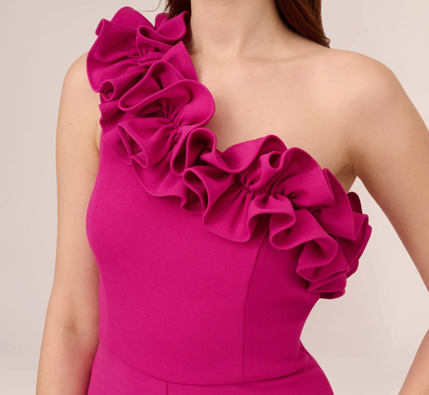 Adrianna Papell Crepe One-Shoulder Ruffled Wide-Leg Jumpsuit In Brilliant Fuchsia 5 Adrianna Papell Crepe One-Shoulder Ruffled Wide-Leg Jumpsuit In Brilliant Fuchsia - Image 5