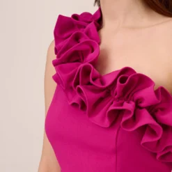 Adrianna Papell Crepe One-Shoulder Ruffled Wide-Leg Jumpsuit In Brilliant Fuchsia 9 Adrianna Papell Crepe One-Shoulder Ruffled Wide-Leg Jumpsuit In Brilliant Fuchsia -Glam Mirth Sales AP1E209165 AW670 Regular Lifestyle