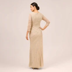 Adrianna Papell Hand-Beaded Three-Quarter Sleeve Long Gown In Biscotti 9 Adrianna Papell Hand-Beaded Three-Quarter Sleeve Long Gown In Biscotti -Glam Mirth Sales AP1E209180 AG273 Regular Back