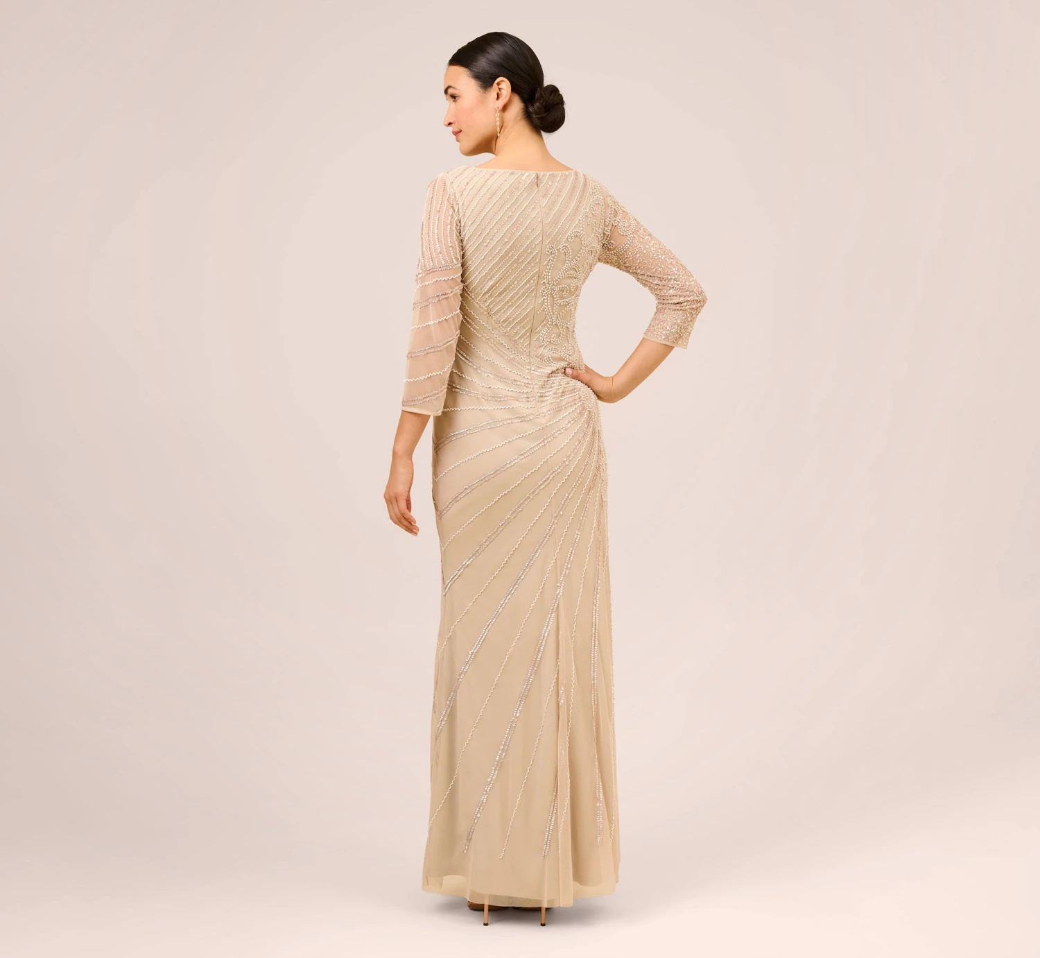 Adrianna Papell Hand-Beaded Three-Quarter Sleeve Long Gown In Biscotti 4 Adrianna Papell Hand-Beaded Three-Quarter Sleeve Long Gown In Biscotti - Image 4