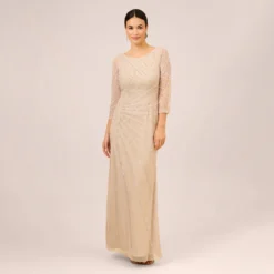 Adrianna Papell Hand-Beaded Three-Quarter Sleeve Long Gown In Biscotti