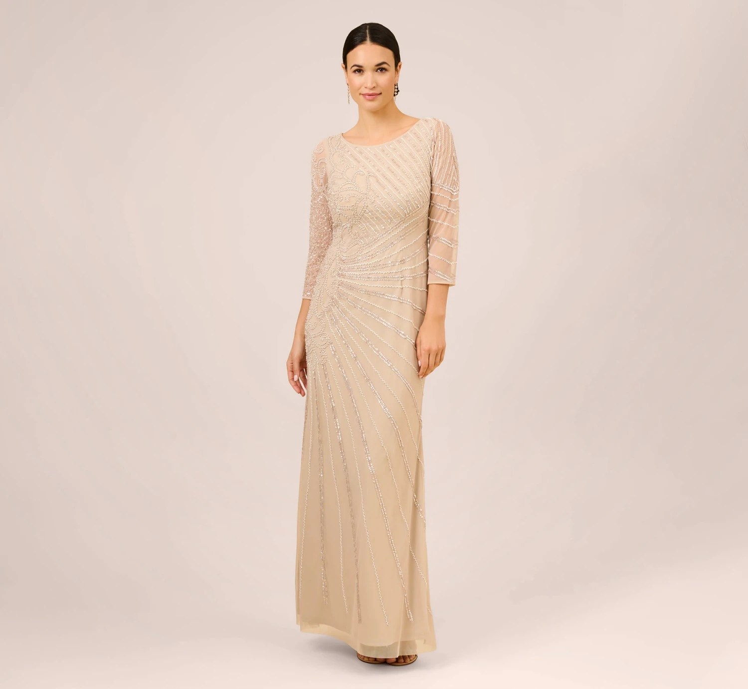 Adrianna Papell Hand-Beaded Three-Quarter Sleeve Long Gown In Biscotti 1 Adrianna Papell Hand-Beaded Three-Quarter Sleeve Long Gown In Biscotti