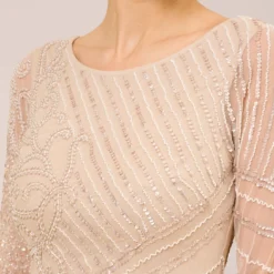 Adrianna Papell Hand-Beaded Three-Quarter Sleeve Long Gown In Biscotti 8 Adrianna Papell Hand-Beaded Three-Quarter Sleeve Long Gown In Biscotti -Glam Mirth Sales AP1E209180 AG273 Regular Detail