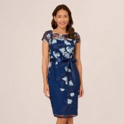 Adrianna Papell Embroidered Sheath Dress In Midnight Multi