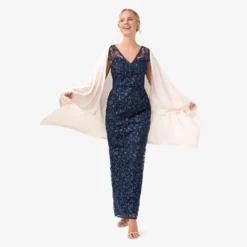 Adrianna Papell Metallic Embroidered Column Gown In Midnight 7 Adrianna Papell Metallic Embroidered Column Gown In Midnight -Glam Mirth Sales AP1E209204 AB411 Regular Alternate 3