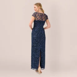 Adrianna Papell Metallic Embroidered Column Gown In Midnight 6 Adrianna Papell Metallic Embroidered Column Gown In Midnight -Glam Mirth Sales AP1E209204 AB411 Regular Back