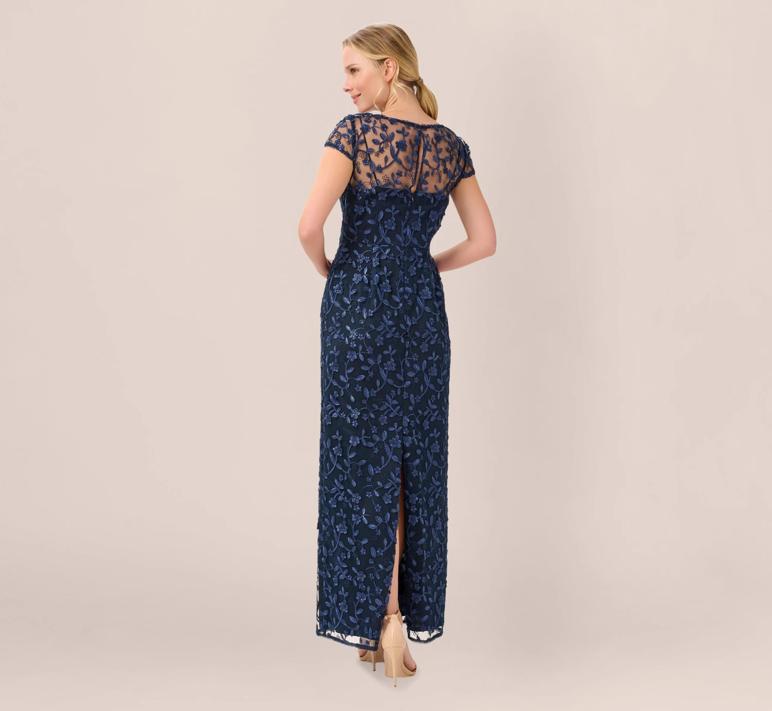 Adrianna Papell Metallic Embroidered Column Gown In Midnight 3 Adrianna Papell Metallic Embroidered Column Gown In Midnight - Image 3