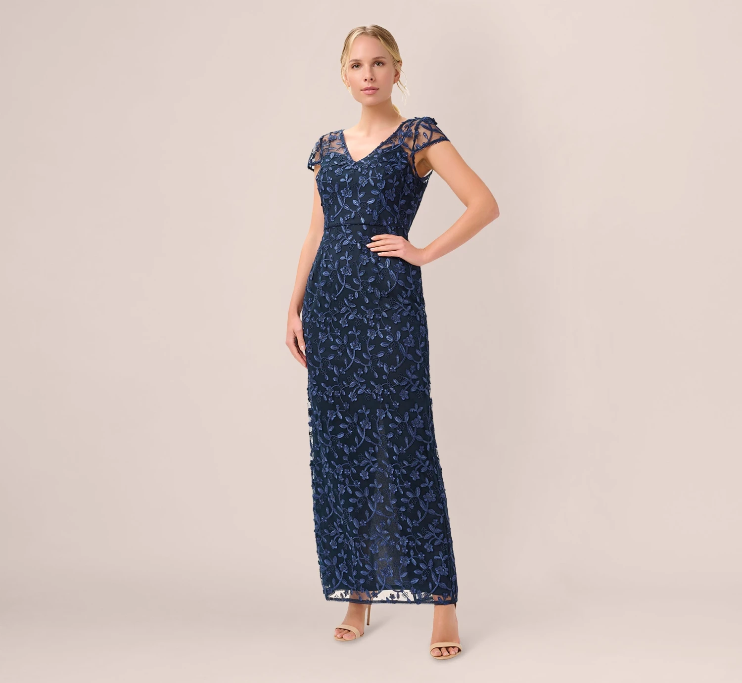 Adrianna Papell Metallic Embroidered Column Gown In Midnight 1 Adrianna Papell Metallic Embroidered Column Gown In Midnight