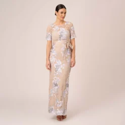 Adrianna Papell Floral Embroidered Gown In Biscotti Multi