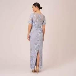 Adrianna Papell Floral Embroidered Gown In Blue Breeze 9 Adrianna Papell Floral Embroidered Gown In Blue Breeze -Glam Mirth Sales AP1E209277 AD497 Regular Back