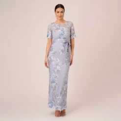 Adrianna Papell Floral Embroidered Gown In Blue Breeze