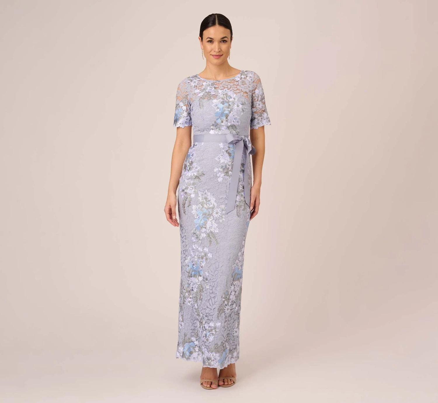 Adrianna Papell Floral Embroidered Gown In Blue Breeze 1 Adrianna Papell Floral Embroidered Gown In Blue Breeze