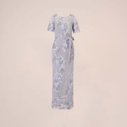 Adrianna Papell Floral Embroidered Gown In Blue Breeze 11 Adrianna Papell Floral Embroidered Gown In Blue Breeze -Glam Mirth Sales AP1E209277 AD497 Regular Flat