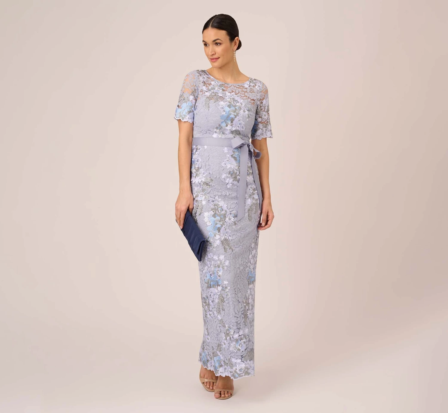 Adrianna Papell Floral Embroidered Gown In Blue Breeze 2 Adrianna Papell Floral Embroidered Gown In Blue Breeze - Image 2