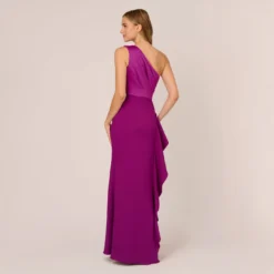 Adrianna Papell One-Shoulder Long Satin Crepe Mermaid Gown In Wild Orchid 13 Adrianna Papell One-Shoulder Long Satin Crepe Mermaid Gown In Wild Orchid -Glam Mirth Sales AP1E209309 AD510 Regular Back