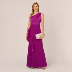 Adrianna Papell One-Shoulder Long Satin Crepe Mermaid Gown In Wild Orchid 10 Adrianna Papell One-Shoulder Long Satin Crepe Mermaid Gown In Wild Orchid -Glam Mirth Sales AP1E209309 AD510 Regular Side