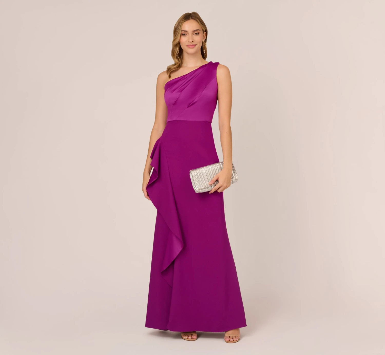 Adrianna Papell One-Shoulder Long Satin Crepe Mermaid Gown In Wild Orchid 3 Adrianna Papell One-Shoulder Long Satin Crepe Mermaid Gown In Wild Orchid - Image 3