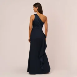Adrianna Papell One-Shoulder Long Satin Crepe Mermaid Gown In Dark Navy -Glam Mirth Sales AP1E209309 AV410 Regular Back