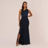 Adrianna Papell One-Shoulder Long Satin Crepe Mermaid Gown In Dark Navy