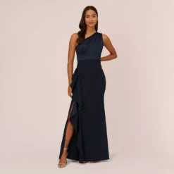 Adrianna Papell One-Shoulder Long Satin Crepe Mermaid Gown In Dark Navy