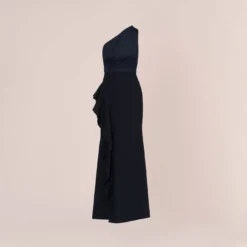 Adrianna Papell One-Shoulder Long Satin Crepe Mermaid Gown In Dark Navy -Glam Mirth Sales AP1E209309 AV410 Regular Flat