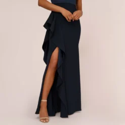 Adrianna Papell One-Shoulder Long Satin Crepe Mermaid Gown In Dark Navy -Glam Mirth Sales AP1E209309 AV410 Regular Lifestyle