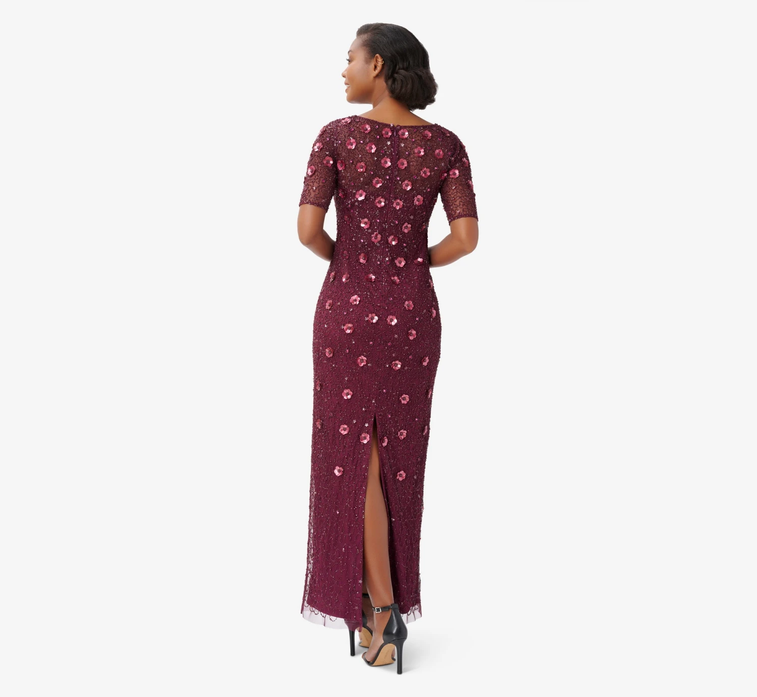 Adrianna Papell Long Hand Beaded 3D Floral Dress With Elbow Sleeves In Cassis 2 Adrianna Papell Long Hand Beaded 3D Floral Dress With Elbow Sleeves In Cassis - Image 2