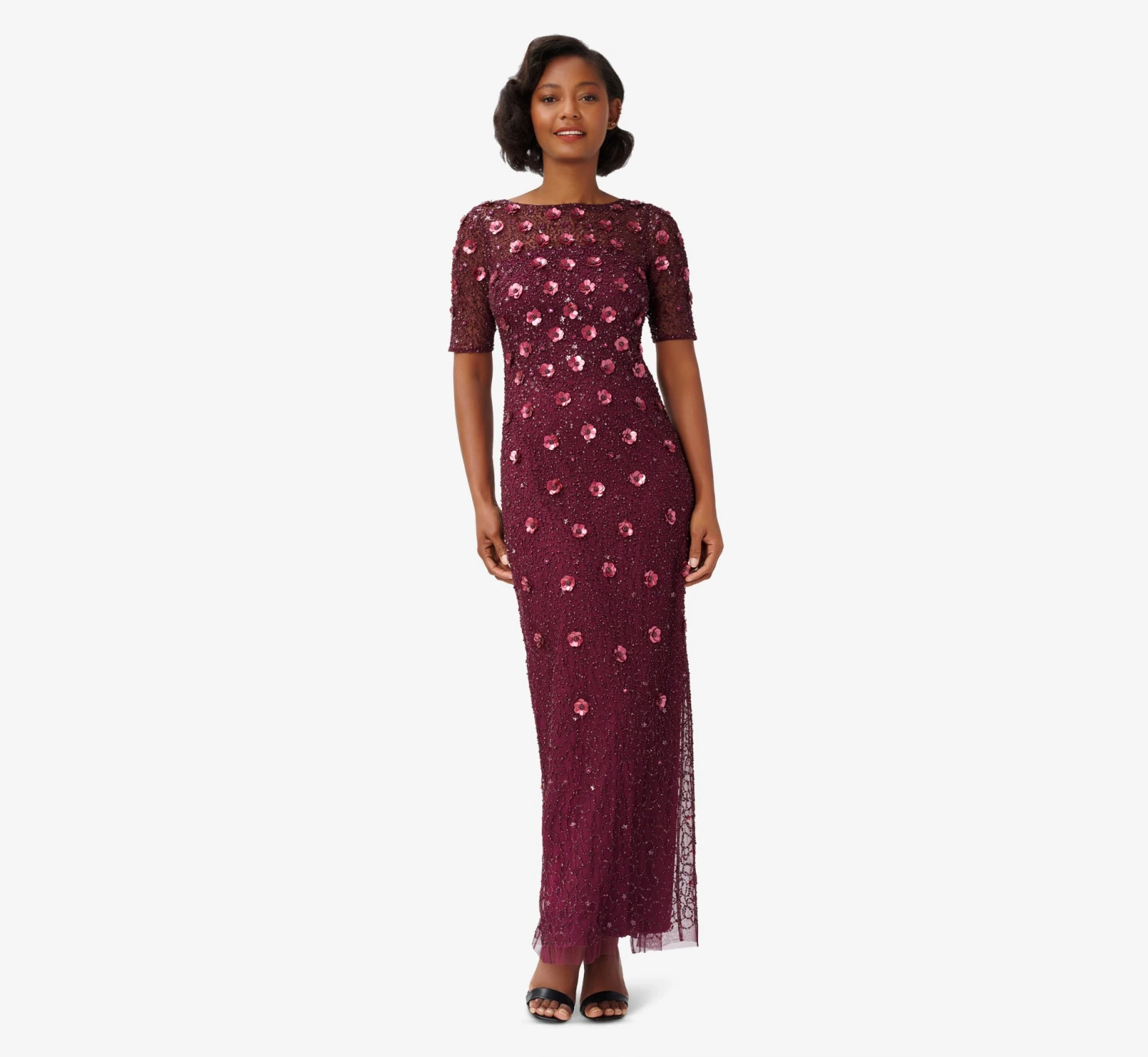 Adrianna Papell Long Hand Beaded 3D Floral Dress With Elbow Sleeves In Cassis 1 Adrianna Papell Long Hand Beaded 3D Floral Dress With Elbow Sleeves In Cassis
