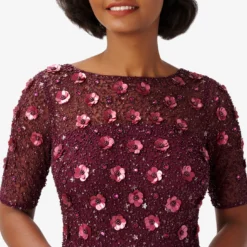 Adrianna Papell Long Hand Beaded 3D Floral Dress With Elbow Sleeves In Cassis 8 Adrianna Papell Long Hand Beaded 3D Floral Dress With Elbow Sleeves In Cassis -Glam Mirth Sales AP1E209314 AC507 Regular Detail