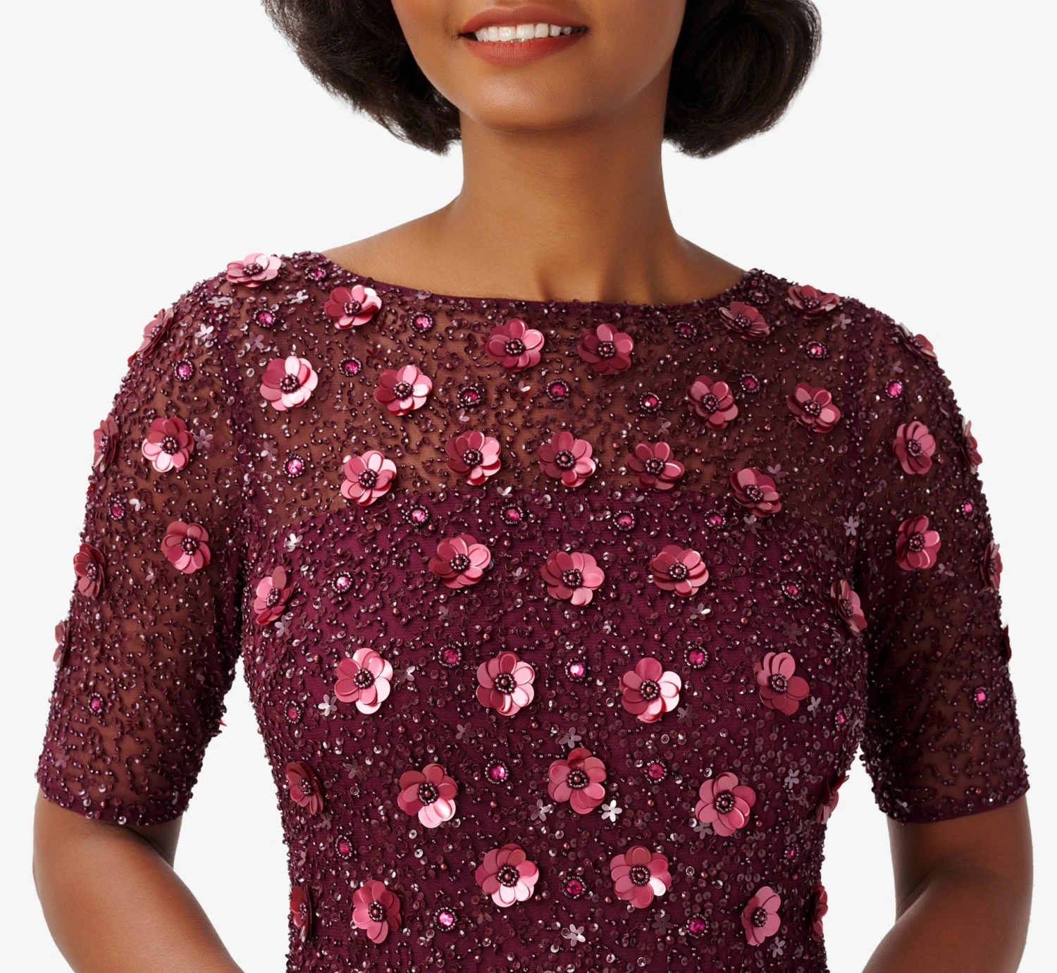 Adrianna Papell Long Hand Beaded 3D Floral Dress With Elbow Sleeves In Cassis 3 Adrianna Papell Long Hand Beaded 3D Floral Dress With Elbow Sleeves In Cassis - Image 3