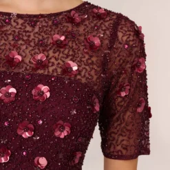 Adrianna Papell Long Hand Beaded 3D Floral Dress With Elbow Sleeves In Cassis 10 Adrianna Papell Long Hand Beaded 3D Floral Dress With Elbow Sleeves In Cassis -Glam Mirth Sales AP1E209314 AC507 Regular Lifestyle