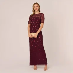 Adrianna Papell Long Hand Beaded 3D Floral Dress With Elbow Sleeves In Cassis 9 Adrianna Papell Long Hand Beaded 3D Floral Dress With Elbow Sleeves In Cassis -Glam Mirth Sales AP1E209314 AC507 Regular Side