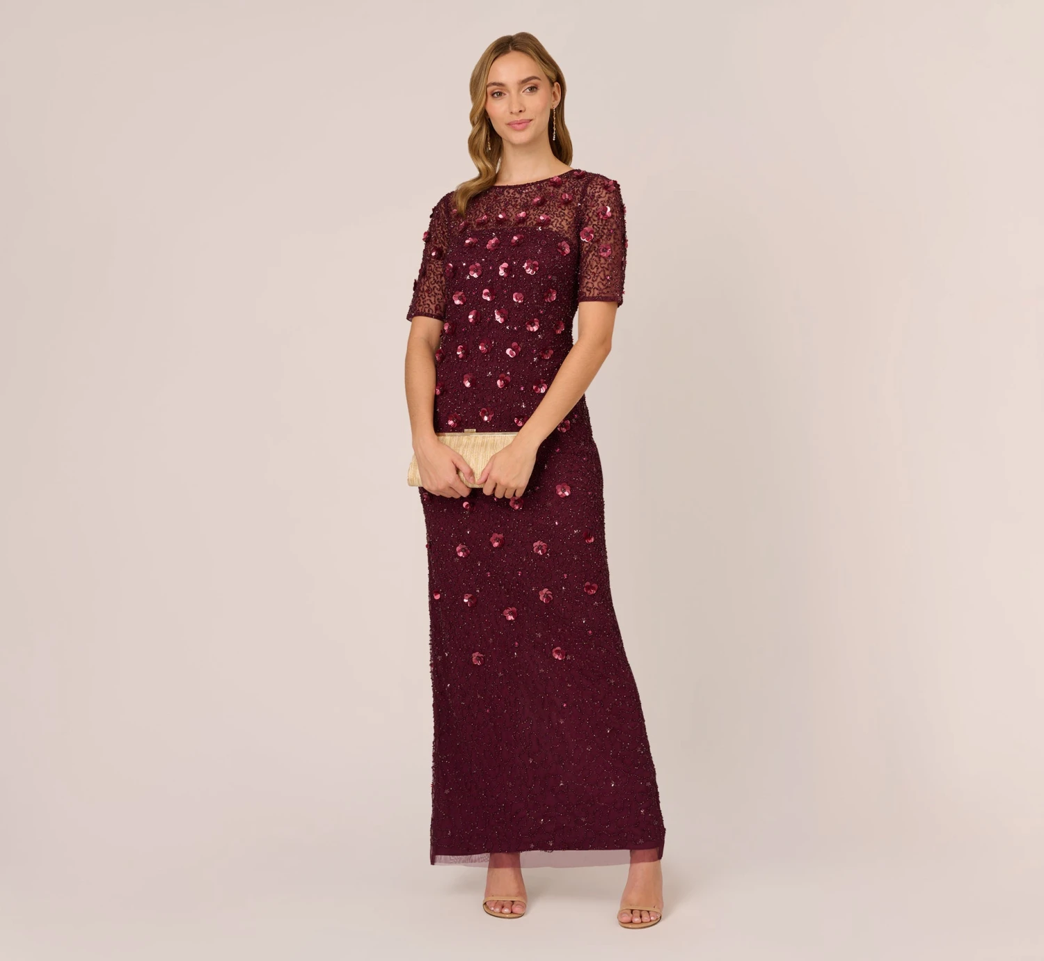 Adrianna Papell Long Hand Beaded 3D Floral Dress With Elbow Sleeves In Cassis 4 Adrianna Papell Long Hand Beaded 3D Floral Dress With Elbow Sleeves In Cassis - Image 4