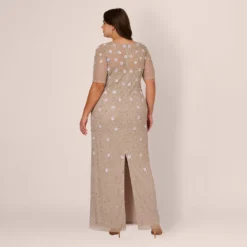 Adrianna Papell Plus Size Long Hand Beaded 3D Floral Dress With Elbow Sleeves In Marble -Glam Mirth Sales AP1E209314 AE064 Plus Back