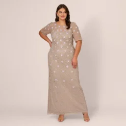 Adrianna Papell Plus Size Long Hand Beaded 3D Floral Dress With Elbow Sleeves In Marble